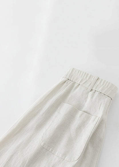 Beige Zippered Elastic Waist Linen Wide Leg Pants
