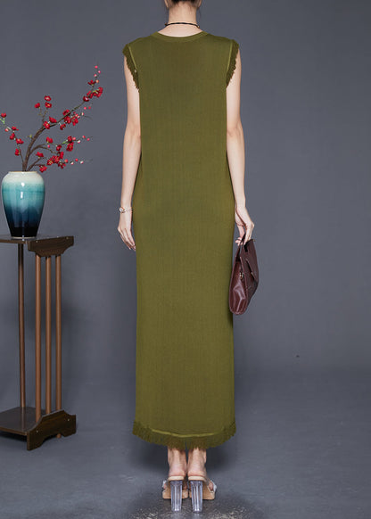 Army Green Tasseled Slim Fit Knit Dresses Sleeveless
