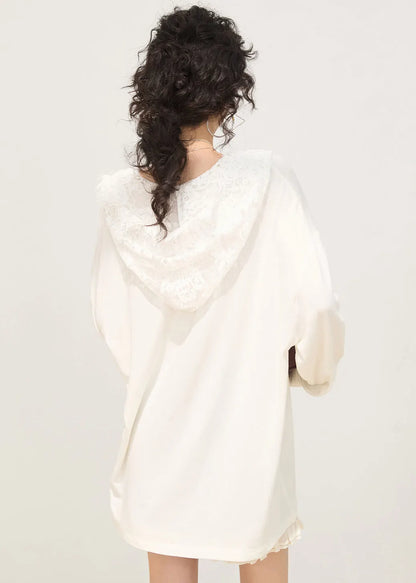 White Hooded Patchwork Lace Cotton Pullover Sweatshirt Spring
