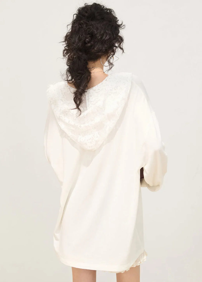White Hooded Patchwork Lace Cotton Pullover Sweatshirt Spring