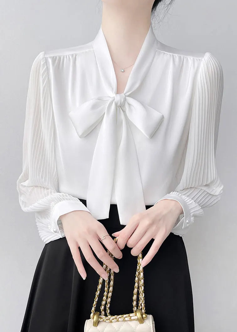 White Bow Draping Chiffon Pleated Shirts Spring