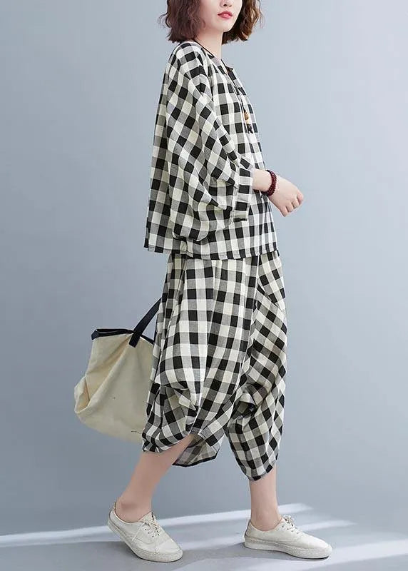 Art Black White Plaid Batwing Sleeve Two Piece Set Clothing Summer Cotton Linen
