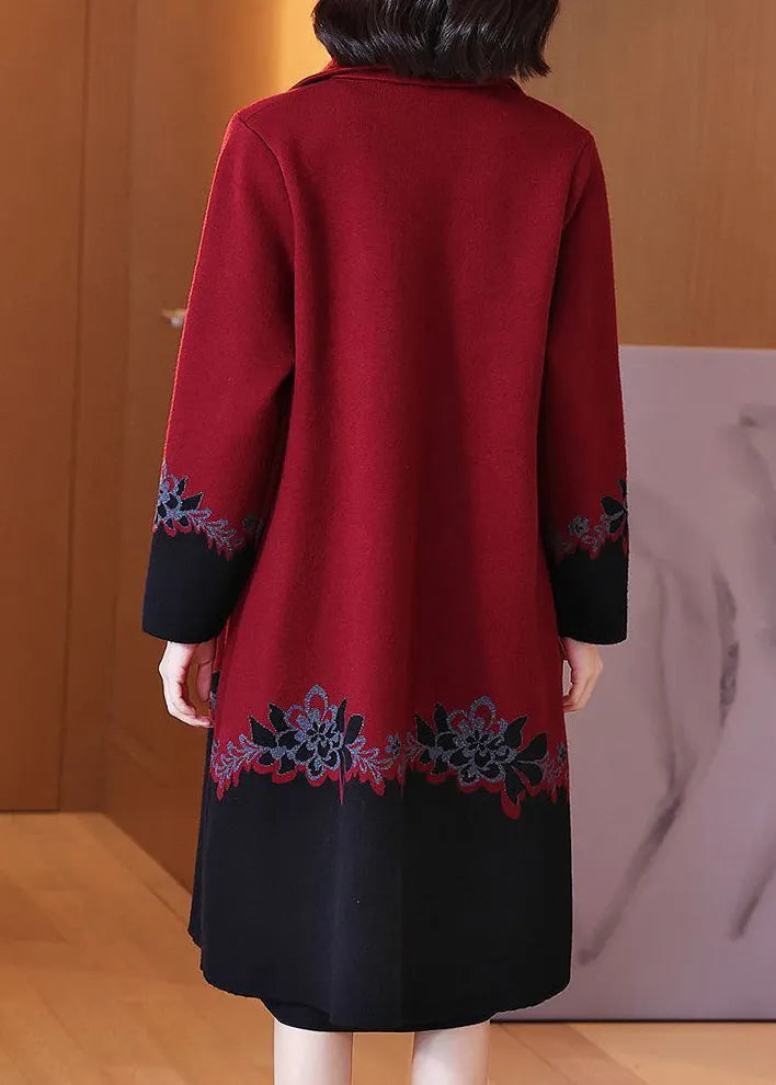 Red Button Print Patchwork Cotton Knit Coats Long Sleeve Fall