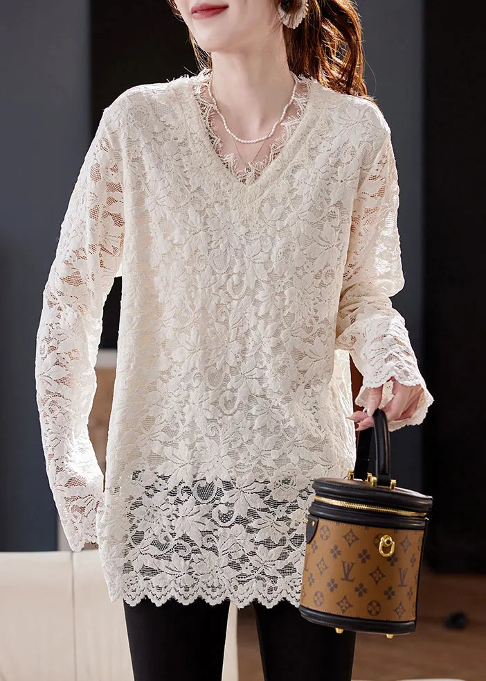 Unique White V Neck Lace Warm Fleece Blouse Tops Spring
