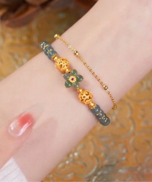 Classy Green Sterling Silver Overgild Jade Tassel Charm Bracelet