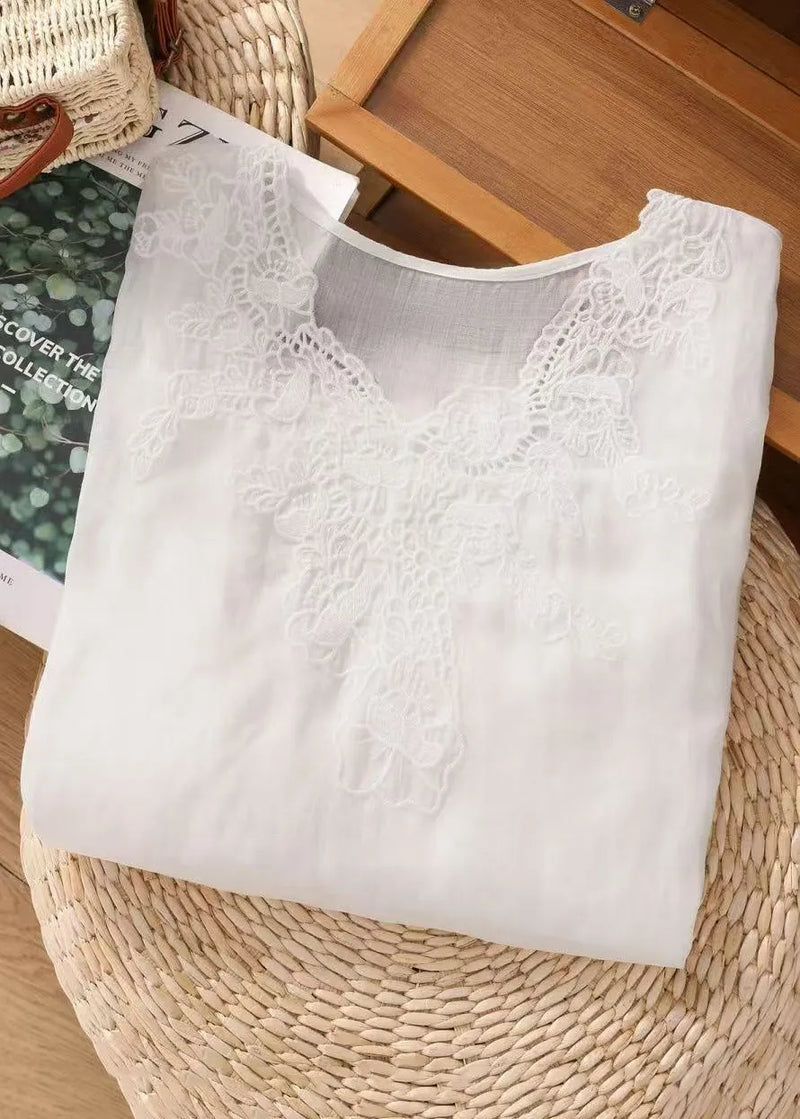 Simple White V Neck Embroidered Cotton Tops Summer