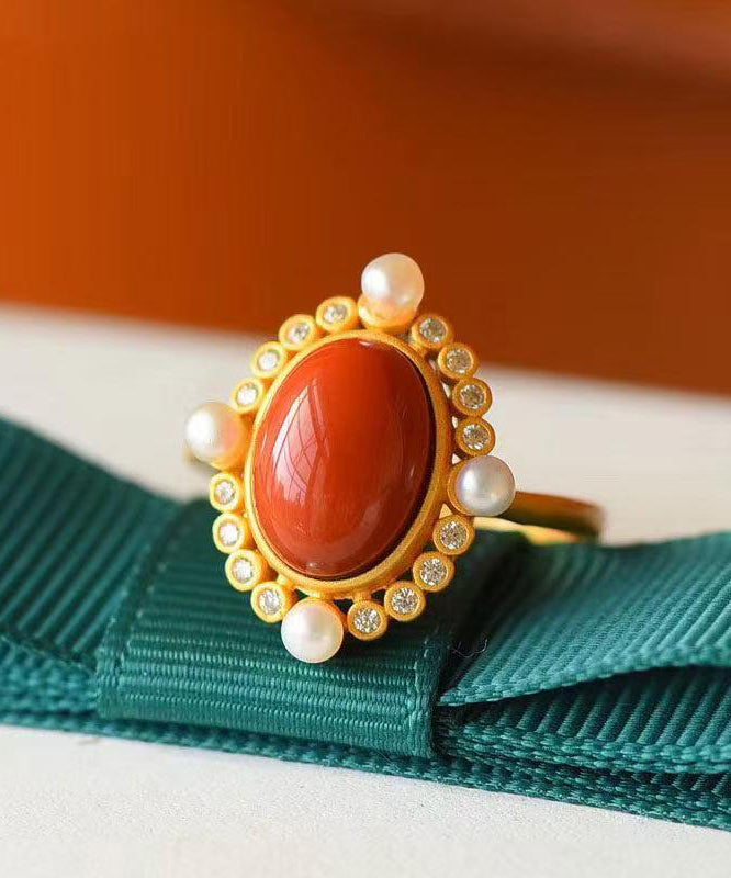 Red Sterling Silver Overgild Agate Rings