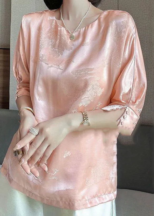 Pink O-neck Jacquard Button Silk Blouse Tops Half Sleeve