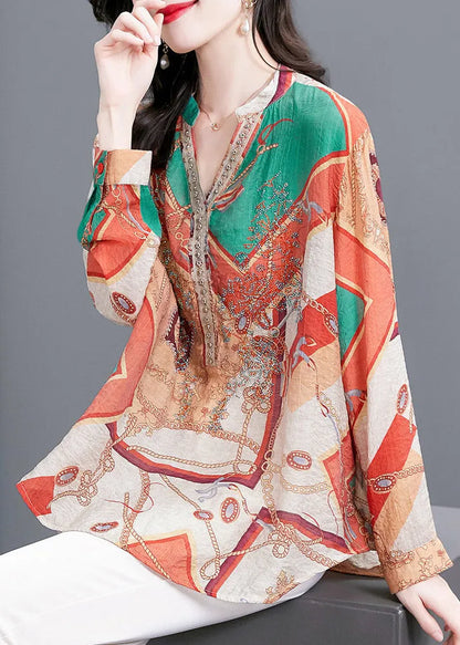 Multi Print V Neck Button Chiffon Blouse Tops Long Sleeve