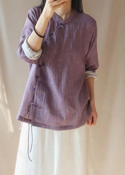 French Purple Tops Blouses Stand Collar Button Down Clothing Blouse