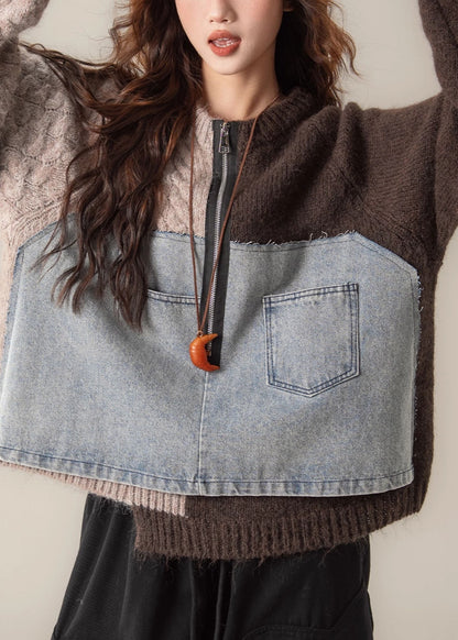 Coffee Asymmetrical Zip Up Patchwork Knit Sweater