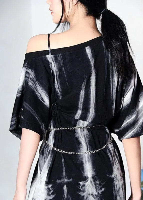 Black Tie Dye One Shoulder Tie Waist Shirt Tops Summer