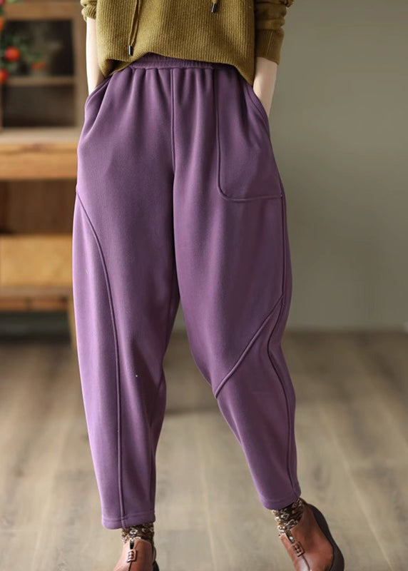 Yellow Pockets Patchwork Elastic Waist Warm Fleece Pants Spring