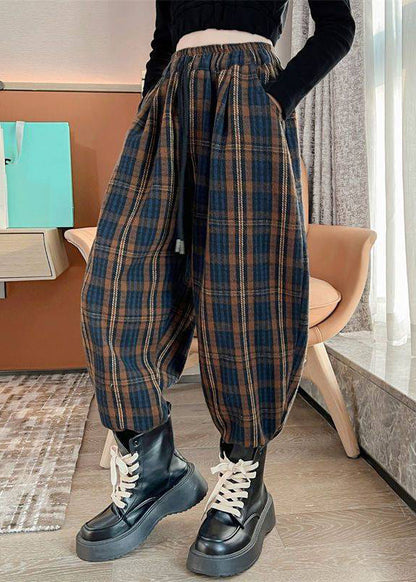 Chocolate Colour Elastic Waist Pockets Striped Beam Pants Fall