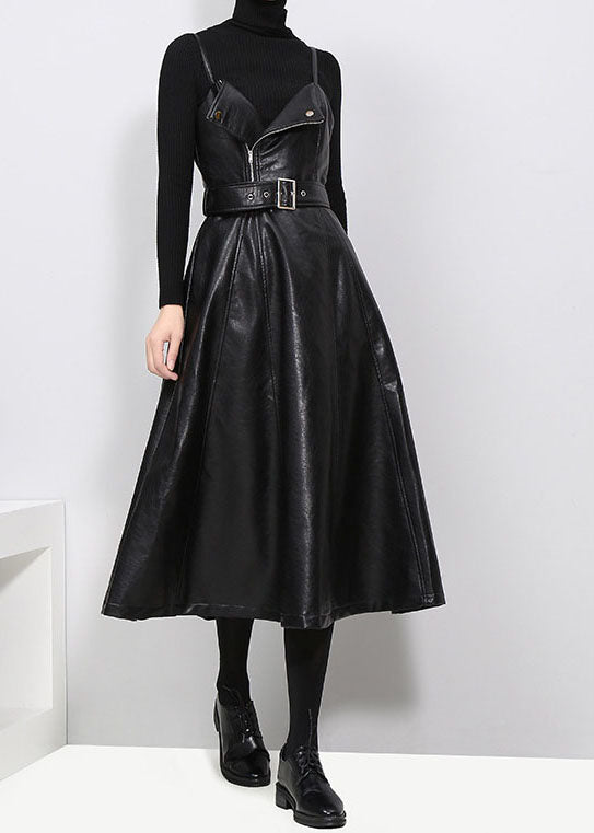 Slim Fit Tie Waist Black Faux Leather Spaghetti Strap Dresses Spring