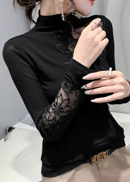 Black Stand Collar Tulle Patchwork Tops Spring