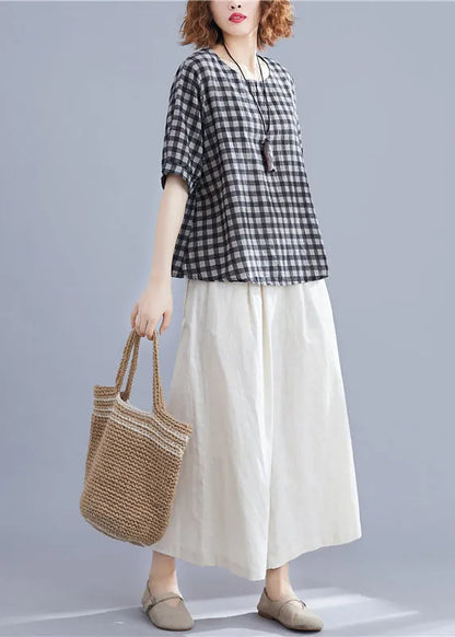 Modern Black Grey Plaid O Neck Linen Top Short Sleeve