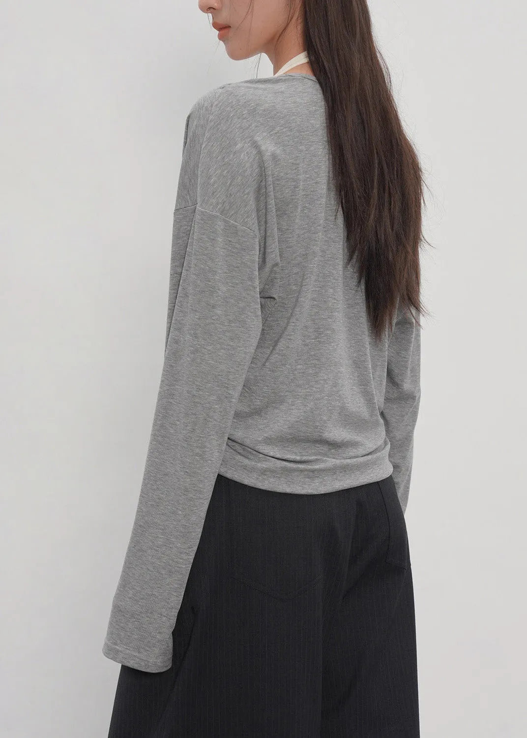 New Grey Fake Two-piece Spliced Neck Hanging Long Sleeved T-shirt Top