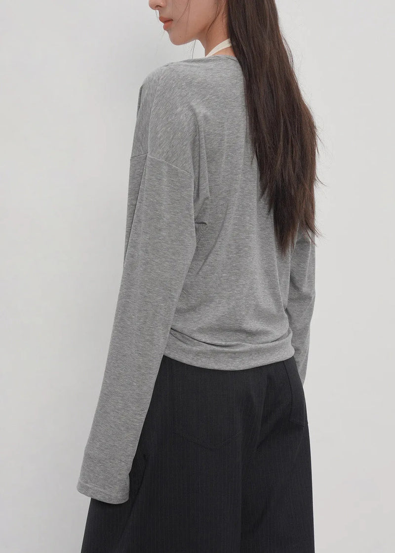 New Grey Fake Two-piece Spliced Neck Hanging Long Sleeved T-shirt Top