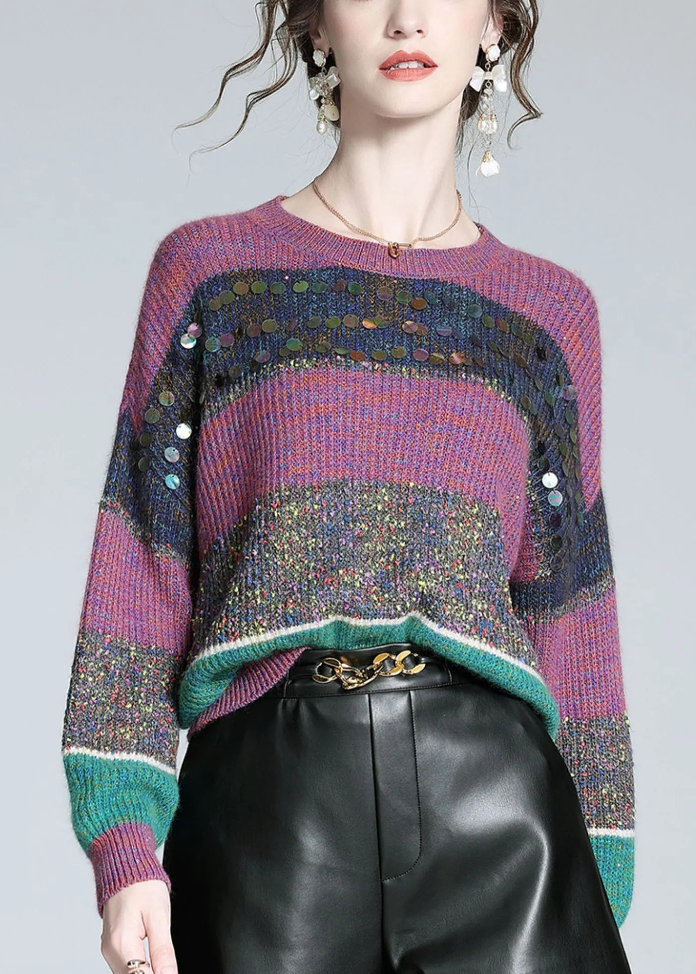 Purple Striped Sequins Cashmere Knit Sweater Winter
