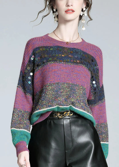 Purple Striped Sequins Cashmere Knit Sweater Winter