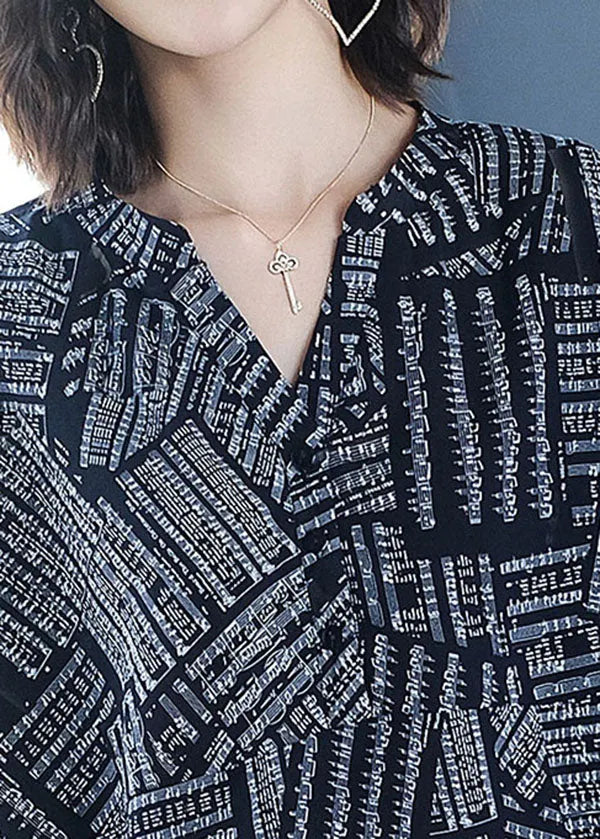 Black V Neck Print Chiffon Shirt Top Bracelet Sleeve
