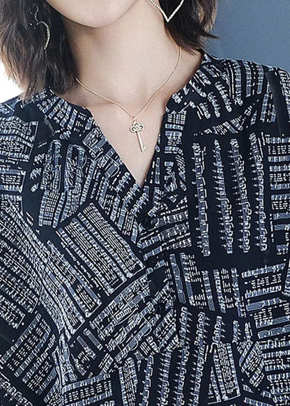Black V Neck Print Chiffon Shirt Top Bracelet Sleeve