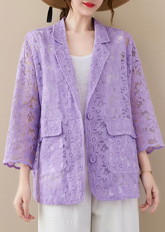 Purple Loose Lace Coats Pocket Hollow Out Long Sleeve