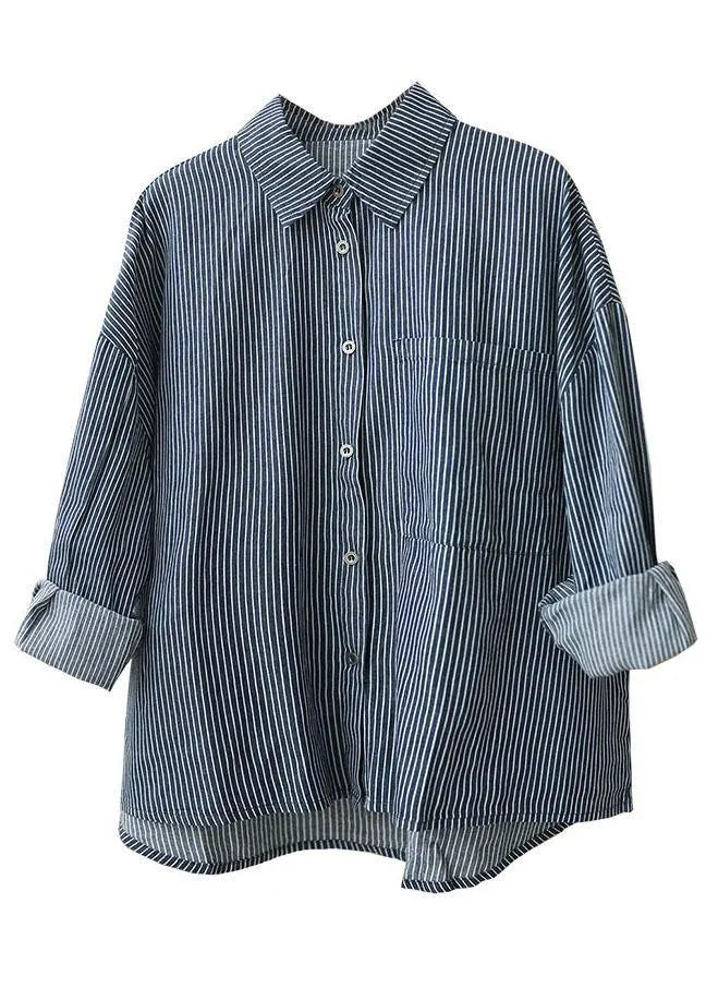 Italian Navy Striped Peterpan Collar Button Pockets Fall Top Long Sleeve
