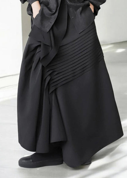 Black Asymmetrical Wrinkled Cotton Skirt Fall
