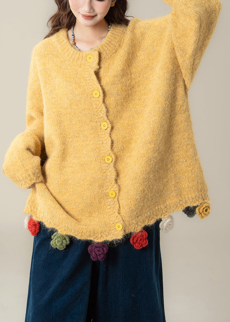 Yellow Button Cozy Knit Coat O Neck Batwing Sleeve