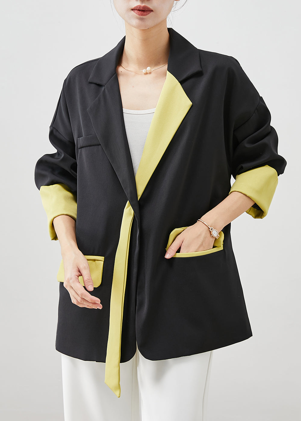 Black Asymmetrical Patchwork Spandex Coats Fall
