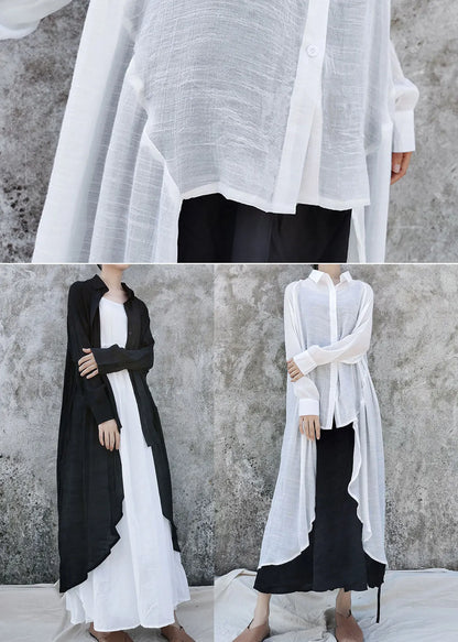 Loose Black Low High Design Peter Pan Collar Linen Tops Long Sleeve Fall