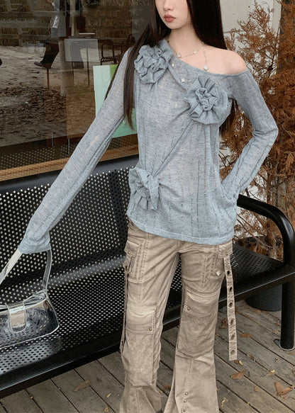 Blue Asymmetrical Knitting Cotton Top Fall