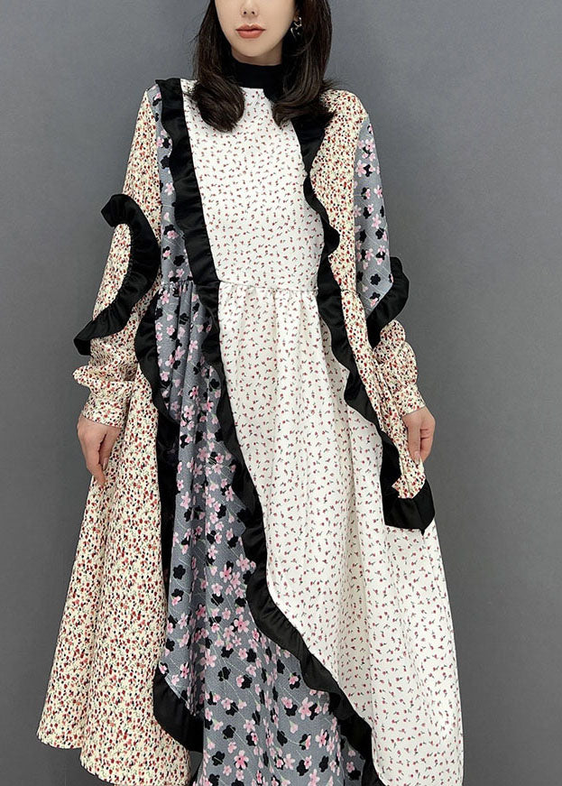Colorblock Stand Collar Asymmetrical Patchwork Ruffles Long Dress Fall