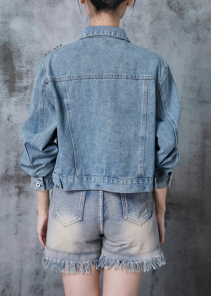 Blue Oversized Nail Bead Denim Jacket Fall