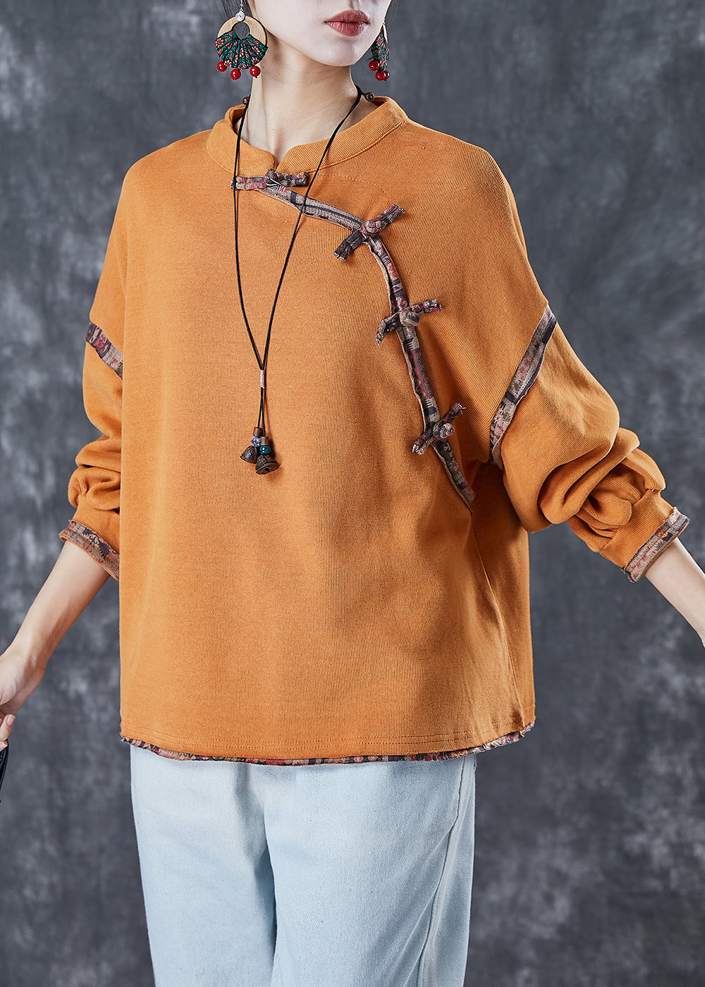Orange Chinese Button Patchwork Cotton Shirt Tops Spring