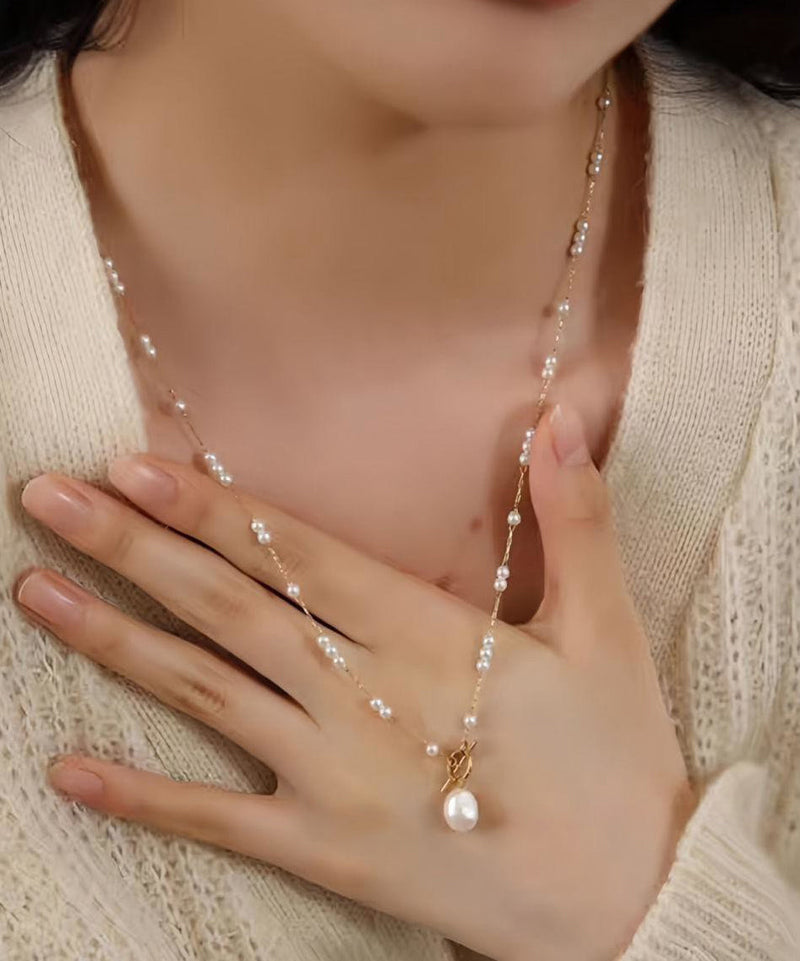 Gold Stainless Steel Pearl Pendant Necklace