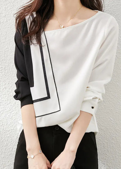 Black White Asymmetrical Design Patchwork Chiffon Top Long Sleeve