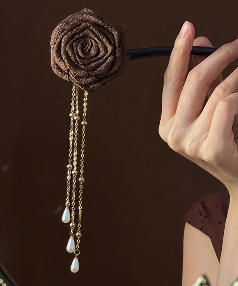 Fine Coffee Wooden Pearl Rose Tassel Hairpin