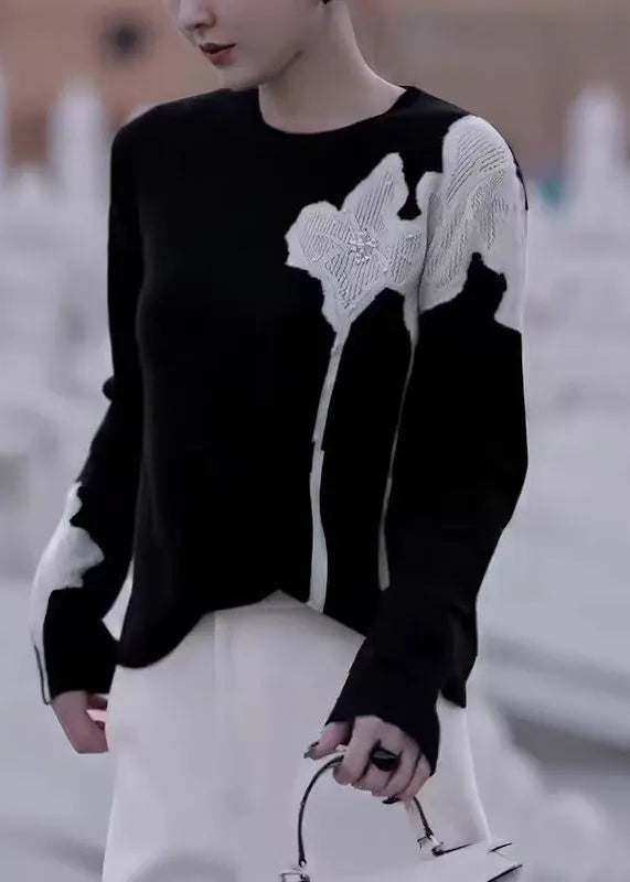 French Black O Neck Nail Bead Knit Sweater Fall