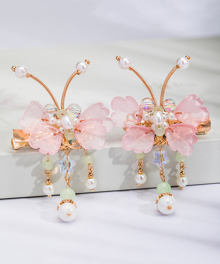 Pink Copper Alloy Pearl Butterfly Tassel Kids a Pair Hairpin
