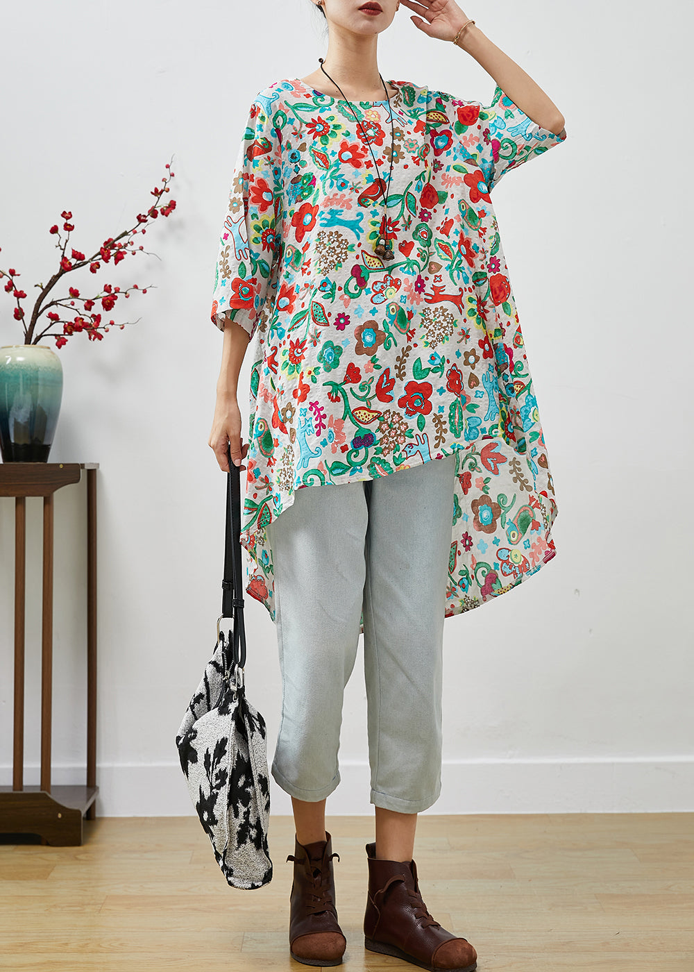 Beige Print Low High Design Cotton Blouses Half Sleeve