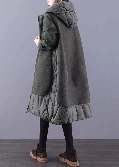 Green Pockets Patchwork Thick Long Coat Zip Up Long Sleeve