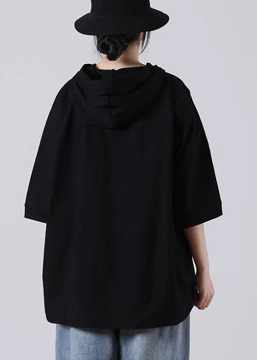 Unique Black Hooded Cotton Loose Sweatshirts Top
