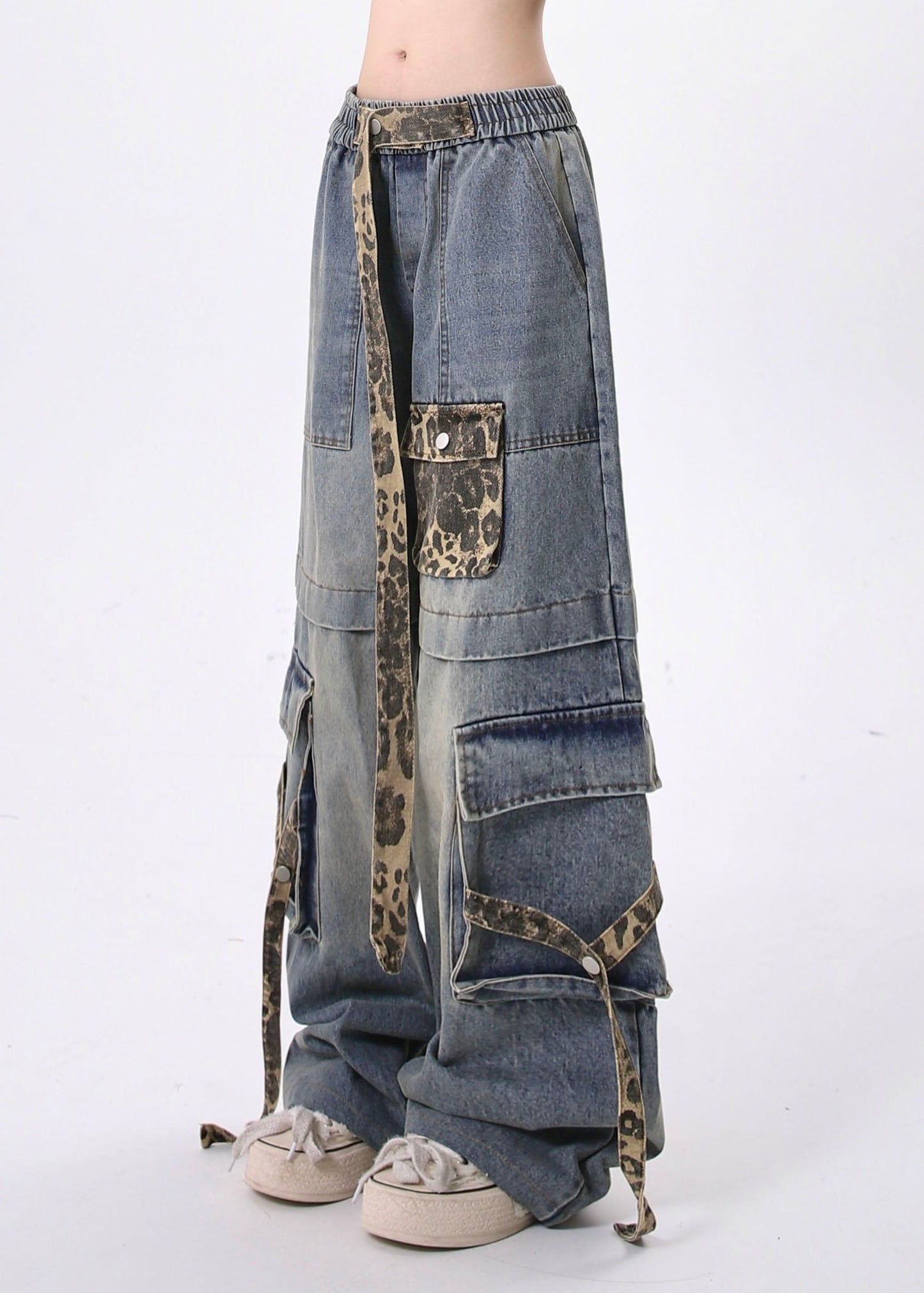 Blue Leopard Pockets Lace Up Patchwork Denim Pants Spring