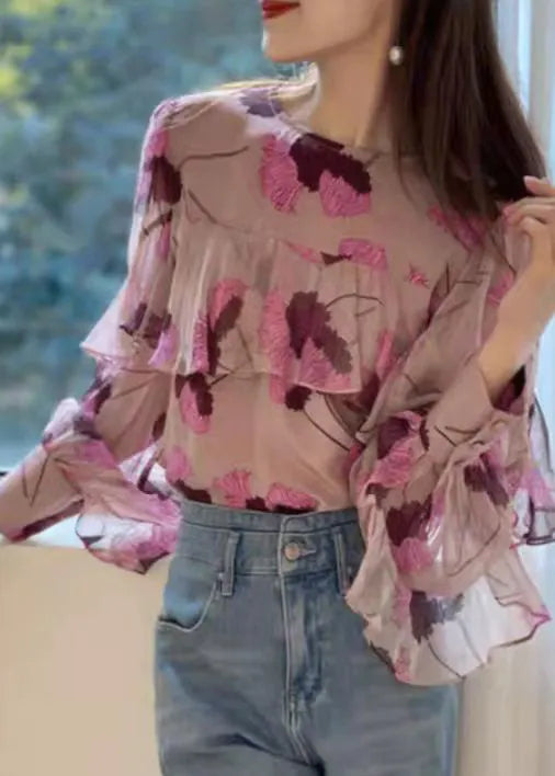 Pink Ruffled O-neck Print Patchwork Chiffon Shirt Long Sleeve