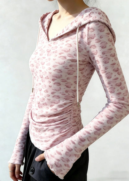 Pink Hooded Leopard Print Cotton Sweatshirt Tops Spring