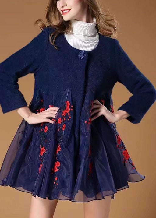 Art Navy Retro Button Patchwork Fall Woolen Coats