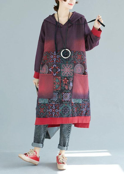 Mulberry Hooded Pockets Patchwork Print Fall Sweatshirts Dress